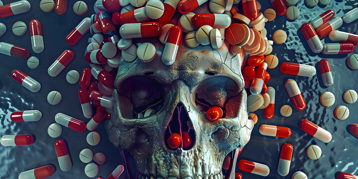 A combination of medically prescribed pills can cause an early death - human skull surrounded by different medicines in capsule form depicting care and warning about mixing too many medications

