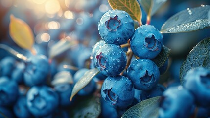 A close-up of ripe blueberries hanging on the bush.