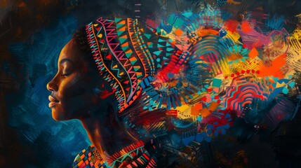Fototapeta premium A woman head, emerging from a dark background, surrounded by a halo of colorful geometric patterns