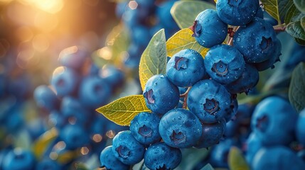 A close-up of ripe blueberries hanging on the bush. - Powered by Adobe