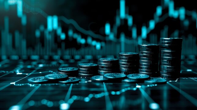 stacks of coins with a stock market graph and a downward arrow, styled in shades of cyan and black