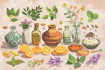 Assorted botanical illustration of herbs, fruits, and traditional pottery on a textured beige background. Ayurvedic hebs, Ayurveda, Generative AI