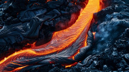 Close-up of lava flowing out of a volcano, showcasing the intense heat and power of nature as molten rock cascades down the slopes