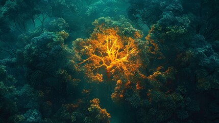 Fototapeta premium neon tree amidst a dense forest of emerald green and neon orange