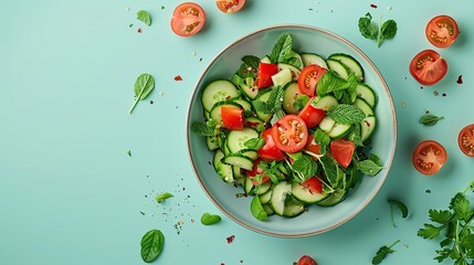Fresh salad with tomato, cucumber and herbs, flat lay from above  - Powered by Adobe