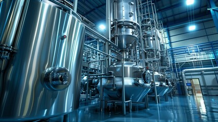 Biomanufacturing uses large steel vessels for biologics like vaccines, highlighting industrial biotech.