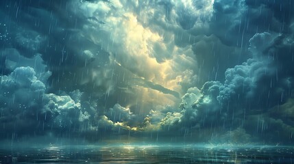 A curtain of rain descends from the heavens, its gentle patter a soothing melody against the backdrop of a stormy sky.