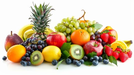 A variety of fruits are arranged together on a white background.
