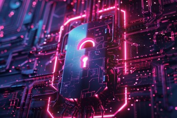 Digital lock with a neon interface, representing cybersecurity