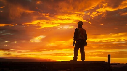 Distant view of a construction worker silhouetted against a sunset