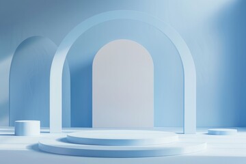 Minimalist blue archway display with circular podiums, featuring soft shadows and clean lighting. Generative AI
