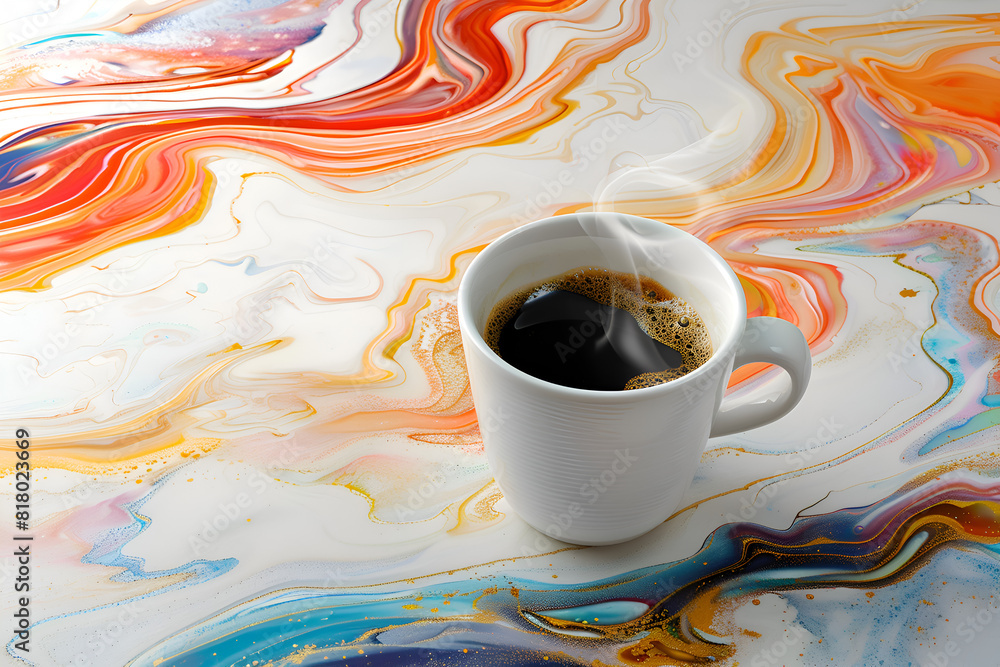 Poster a cup of coffee sits on a table with a colorful background