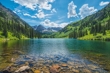 Picturesque Mountain Landscape with Clear Blue Lake and Pine Trees