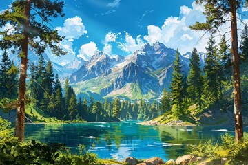 Picturesque Mountain Landscape with Clear Blue Lake and Pine Trees