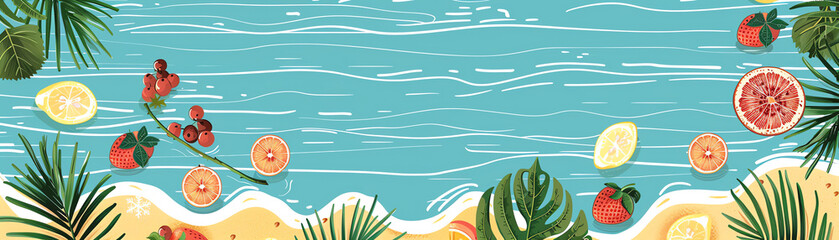 Obraz premium mat on the shore with fruit flat design top view holiday theme water color Triadic color scheme