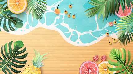 mat on the beach with fruit flat design top view tropical theme cartoon drawing colored pastel