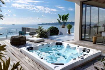 Fototapeta premium Whirlpool Tub. Luxurious Hot Tub on Backyard Terrace for Relaxing Spa Experience