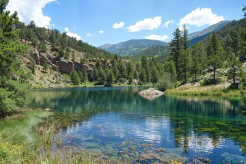 Picturesque Mountain Landscape with Clear Blue Lake and Pine Trees