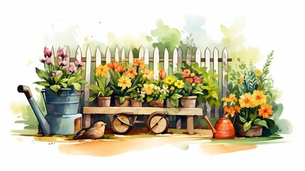 family gardening flat design side view garden theme water color Tetradic color scheme