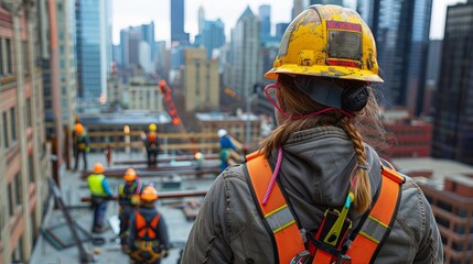 Construction team wearing safety harnesses coordinating on a high rooftop, urban landscape