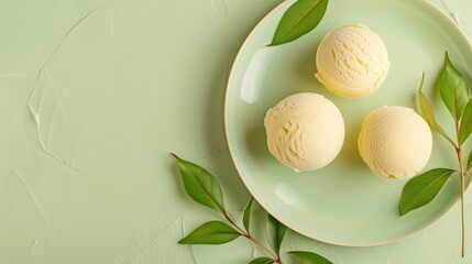 ice cream, light yellow, balls, light green plate, mint leaves, fresh, elegant, dessert, minimalist, pastel colors, appetizing, serene, culinary, food photography, summer, sweet, frozen dessert, food 