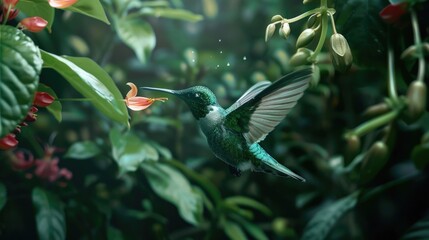 Naklejka premium Green Bird. Hummingbird in Nature, Flying to Nectar-Filled Flowers