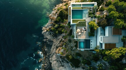 High quality aerial drone picture of ultra modern house, villa with great, wonderful garden und beautiful pool high up on a mountain, with beach and the sea 