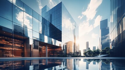 image of a modern eco-friendly building reflected in the sleek glass facade of a neighboring skyscraper.