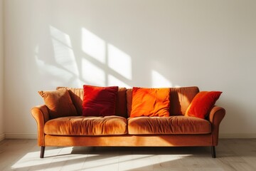 Couch In Room. Comfortable Orange Couch with Red Pillow in Spacious Living Room Interior