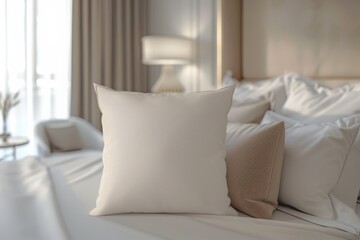 Neutral-toned pillow mockup on a luxurious bed in a well-lit, elegant bedroom setting. Soft and serene home decor with a focus on comfort and style. Generative AI