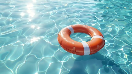An artistic depiction of a colorful lifebuoy floating in a pool with light reflections, perfect for engaging summer safety posters or aquatic facility promotions