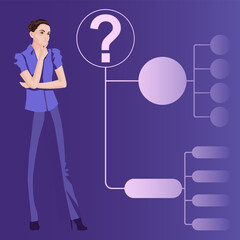Woman uses a decision tree diagram to identify a problem or opportunity in the decision-making process. Business concept. Flat vector illustration.
