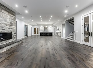 huge empty modern luxury home basement with white walls and dark grey wood floors