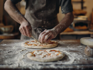 baker passionately pizza on a flour-dusted countertop, meticulous and artisanal, in the style of mastery, with warm and inviting tones, close-up shot