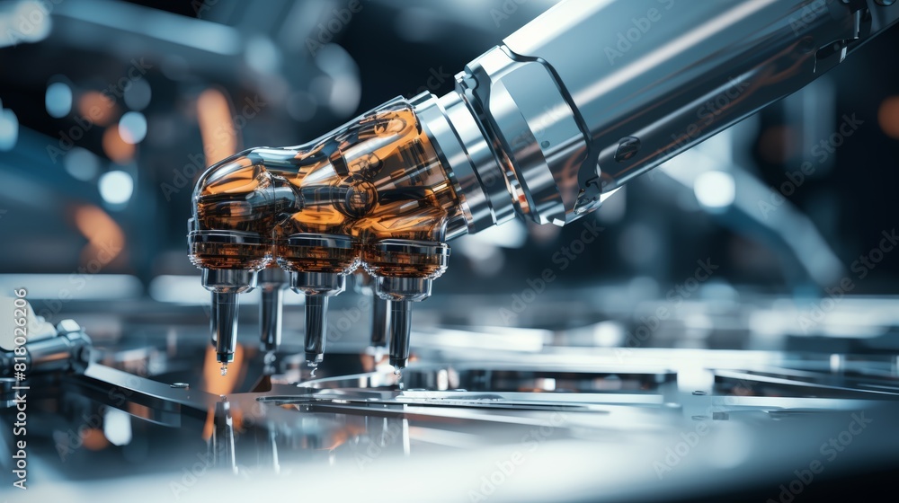 Aufkleber A close-up photo of a gleaming chrome robot arm performing a complex task in a high-tech laboratory, emphasizing its precision and efficiency.