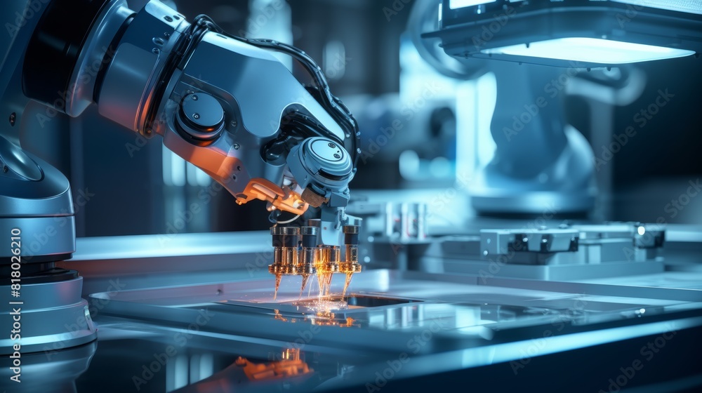Poster A close-up photo of a gleaming chrome robot arm performing a complex task in a high-tech laboratory, emphasizing its precision and efficiency.