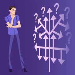 Woman uses a decision tree to identify a problem or opportunity in the decision-making process. Business concept. Flat vector illustration.