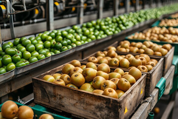 The harvested kiwi crop is neatly packed in wooden boxes on the sorting table, ready for distribution at a bustling orchard during the peak of the harvest season