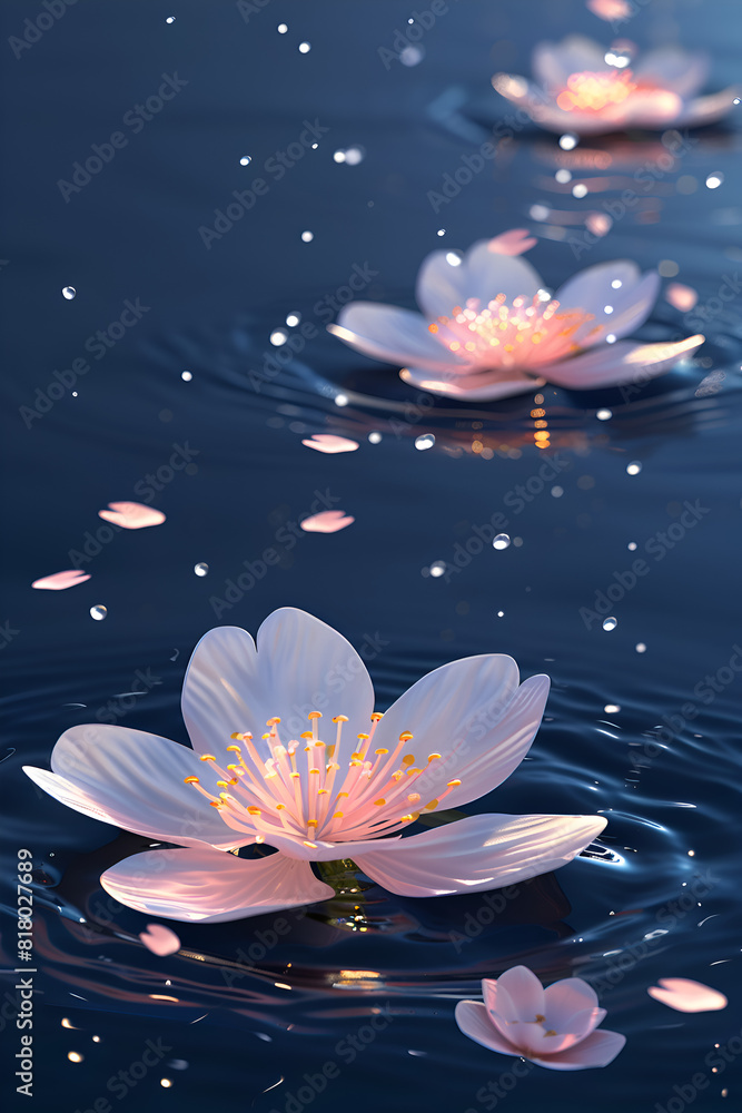 Poster a close up of a pond with a few white flowers floating on the surface. the flowers are surrounded by