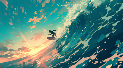anime visualization of surfing waves