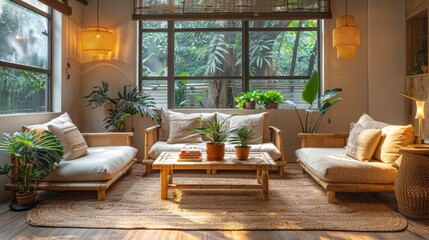 an eco-conscious living room featuring wooden furniture and greenery, showcasing a sustainable approach to interior design