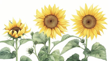 Group of sunflower illustrations with detailed leaves