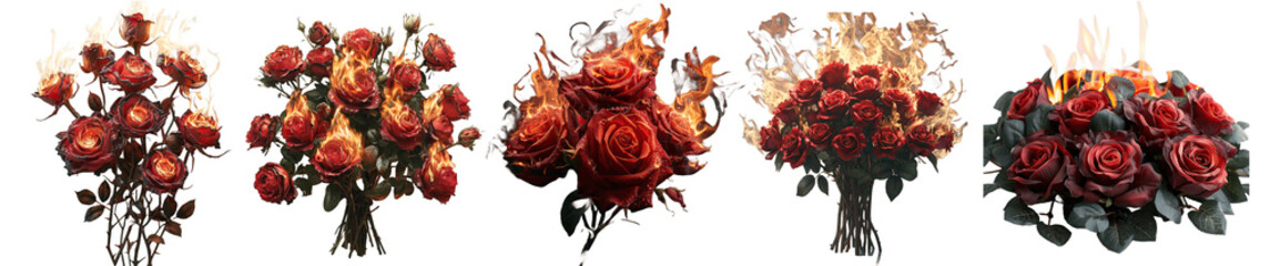 Collection of Red rose flowers bouquet burning with fire flames on white background,