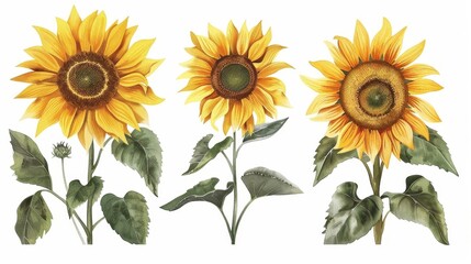 Obraz premium Group of sunflower illustrations with detailed leaves