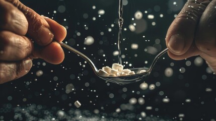 Hands pouring liquid medicine into a spoon
