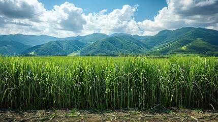 A field of tall, green sugarcane ready for harvest.