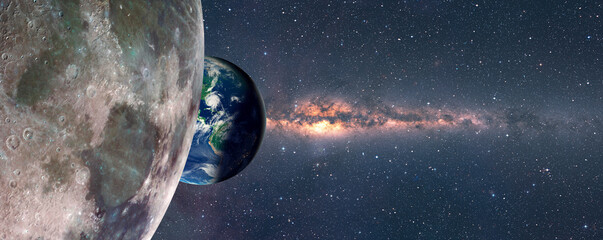 The Earth as Seen from the Surface of the Moon Milky Way galaxy in the background 