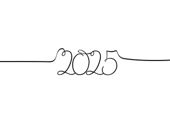 Obraz premium 2025, single line drawing, hand drawn, lineart lettering new year. Vector illustration isolated white background