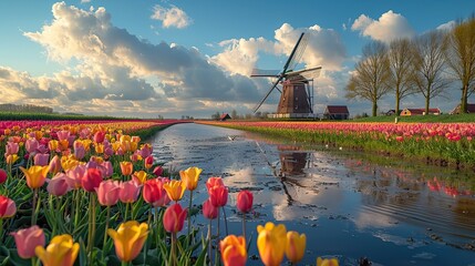A picturesque windmill near a field of tulips in full bloom.