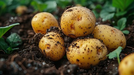 A close-up of freshly harvested potatoes still covered in soil.